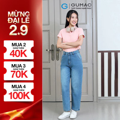 Quần Jeans Nữ GUMAC Kiểu Cơ Bản Form Baggy Wash Xanh Nhạt Vải Mềm Đứng Form QJF04032