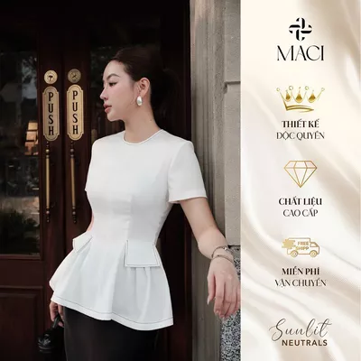 Áo Peplum Linen Trắng Diễu Chỉ Đen MACI MCAAVTR0298 Thời Trang Nữ Thiết Kế Độc Quyền