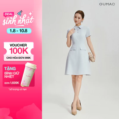 Đầm nữ form A GUMAC tay ngắn cổ sơ mi đính nút kim loại trang trí công sở thanh lịch DG04008
