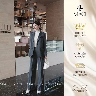 Áo Vest Vingo Dáng Suông Sọc Xương Cá MACI MCAAVXA0002 Thời Trang Nữ Thiết Kế Độc Quyền