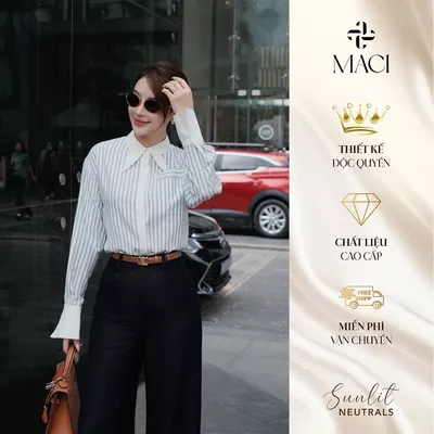 Áo Sơ Mi Kẻ Xanh Nhạt Cổ Nhạn Phối Trắng Thanh Lịch MACI MCASMTR0272 Thời Trang Nữ Thiết Kế Độc Quyền