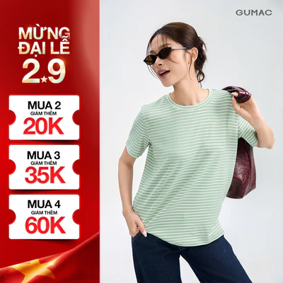 Áo Thun Nữ Tay Ngắn GUMAC Form Suông Cổ Tròn Xẻ Tà Phối Bo Dệt Thun Sọc Năng Động ATG05024