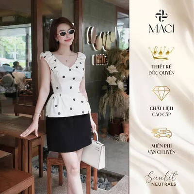 Áo Peplum Chấm Bi Nhún Vai Cách Điệu MACI MCAABTR0361 Thời Trang Nữ Thiết Kế Độc Quyền