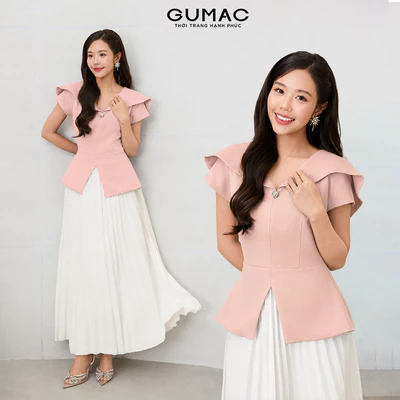 Áo Peplum GUMAC Tay Ngắn Cổ V Rộng Có Bản Vai Cách Điệu Dây Cột Phía Sau AG07008