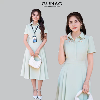 [SALE] Đầm nữ form A xòe GUMAC cổ sơ mi thêu hoa cắt lazer xếp ly vải cotton silk dày dặn DF03021