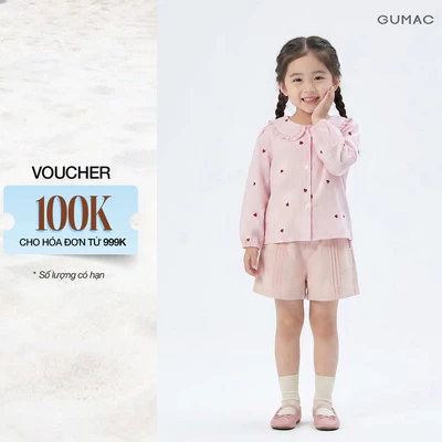 Áo Sơ Mi Bé Gái GUMAC Sọc Dọc Cổ Sen Tay Dài Phối Bèo Thêu Hình Trái Tim AGG08126