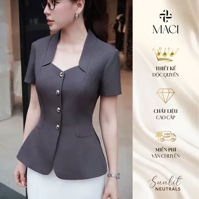 Áo Kí Giả Cổ Ve Cách Điệu Khuy Titan Trang Trí Chất Kate Ý MACI MCAABXD0355 Thời Trang Nữ Thiết Kế