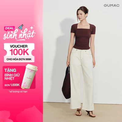 Quần Jean Nữ GUMAC Ống Suông Denim Diễu Chỉ Nổi Thanh Lịch Hiện Đại Phong Cách Hàn Quốc QJG08058
