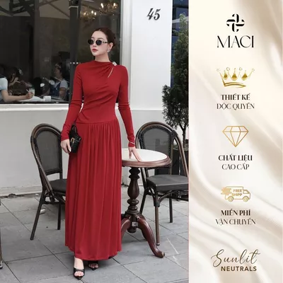 Đầm Liền Nhún Eo Dài Tay Chất Thun Hàn Đen / Đỏ MACI MCVVADO0193 Thời Trang Nữ Thiết Kế Độc Quyền