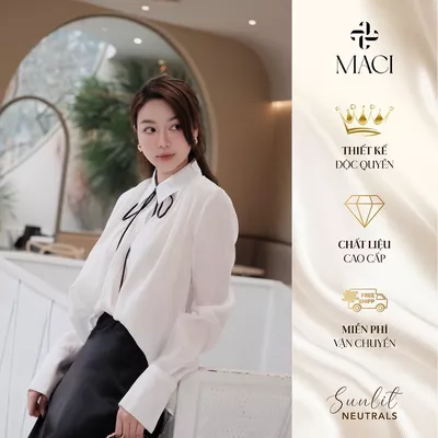 Áo Sơ Mi Thô Tằm Trắng Nhún Cổ Cách Điệu Màu Trắng MACI MCASMTR0260 Thời Trang Nữ Thiết Kế Độc Quyền