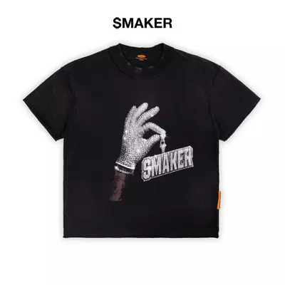 [SMAKER] Áo thun đen in hình tay và đá lấp lánh 100% cotton washed - ICE MAN WASHED TEE IN BLACK