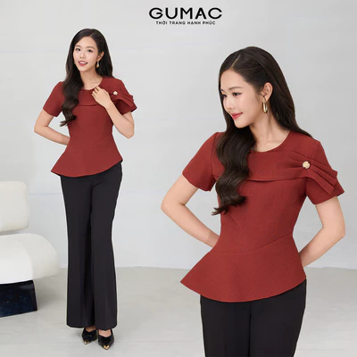 Áo peplum GUMAC tay ngắn lai áo xéo nhẹ đính phụ kiện nút kiểu AF12057