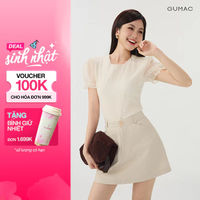 [VOUCHER 25%] Áo Kiểu Nữ GUMAC Chấm Bi Form Suông Cổ Tròn Tay Phồng Nhún Chất Liệu Tơ Hai Lớp Thanh Lịch LAG07075