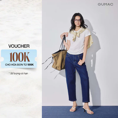 Quần Jeans Nữ GUMAC Denim Lưng Thêu Chữ Túi Hàm Ếch Túi Đắp Sau Phối Chỉ Be Nút Logo Gumac QJG08057