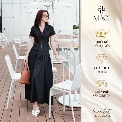 Chân Váy Denim Xoè Nhún Li Diễu Chỉ MACI MCVCVXD0366 Thời Trang Nữ Thiết Kế Độc Quyền