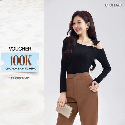 Áo thun GUMAC form slim cổ lệch một bên vai tay dài áo có ánh nhũ nhẹ ATG01048
