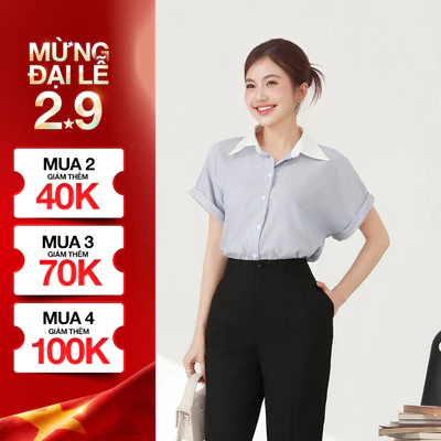 Áo Sơ Mi Nữ GUMAC Áo Kiểu Công Sở Kẻ Sọc Xanh Tay Ngắn Chất Cotton Thiết Kế Phối Cổ Trẻ Trung LAF0322