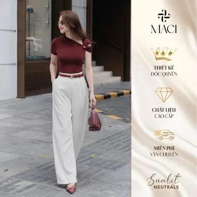 Quần Suông Chiết Li Chất Linen Hàn Kèm Dây Màu Trắng Kem MACI MCQQTTR0358 Thời Trang Nữ Thiết Kế