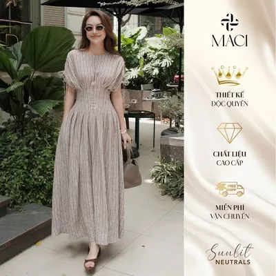 Đầm Dài Chiết Eo Tay Dơi Rút Dây Điều Chỉnh Chất Linen Kẻ MACI MCVVAKE0382 Thời Trang Nữ Thiết Kế