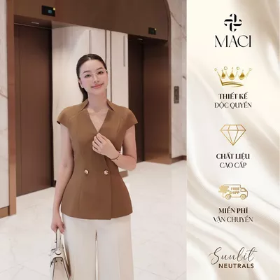 Áo Vest Tay Hến Cổ V Cách Điệu Màu Nâu Bò Chất Chéo Thái MACI MCAAVNA0357 Thời Trang Nữ Thiết Kế