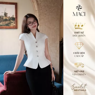 Áo Kí Giả Tay Hến Khuy Bạc Chất Kaki Hàn MACI MCAABTR0290 Thời Trang Nữ Thiết Kế Độc Quyền