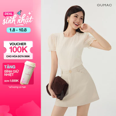 [VOUCHER 25%] Áo Kiểu Nữ GUMAC Chấm Bi Form Suông Cổ Tròn Tay Phồng Nhún Chất Liệu Tơ Hai Lớp Thanh Lịch LAG07075