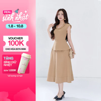Set lẻ Áo peplum cổ kiểu AF06045 - Chân váy nữ GUMAC A xòe may viền VF06046