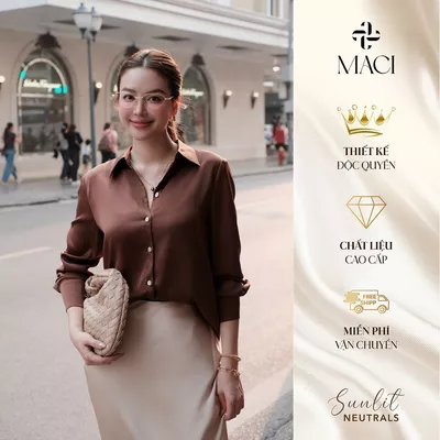 Áo Sơ Mi Lụa Queen Màu Nâu Choco Khuy Khảm Trai MACI MCASMNA0296 Thời Trang Nữ Thiết Kế Độc Quyền