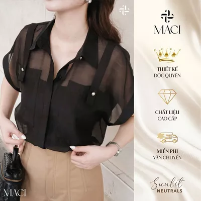 Áo Sơ Mi Tơ Tằm Đen Kèm Áo Thun Hai Dây MACI MCASMDE0161 Thời Trang Nữ Thiết Kế Độc Quyền