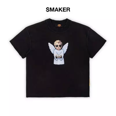 [SMAKER] Áo thun in hình thiên thần màu đen 100% cotton washed - LONELY ANGEL WASHED TEE IN BLACK