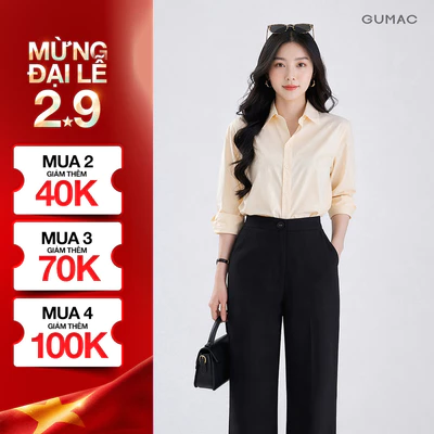 [SALE] Áo sơ mi nữ Gmorning - GUMAC tay dài rộng thêu chữ sau áo si xịn thoáng mát  YAE12085