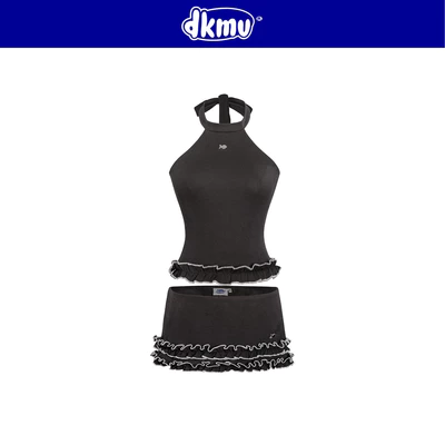 Set áo chân váy ngắn kèm quần trong DKMV cổ yếm hở lưng viền màu đen phối họa tiết bèo chỉ nổi xinh Lainee Set| K-SET8-D