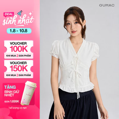 Áo Kiểu Nữ Gmorning - GUMAC Form Ôm Cổ V Nhún Ngực Phối Viền Ren Dịu Dàng Sang Trọng YAG06005