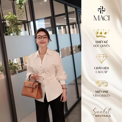 Áo Sơ Mi Trắng Nhún Eo Dài Tay Khuy Titan Chất Bamboo Hàn MACI MCASMTR0340 Thời Trang Nữ Thiết Kế