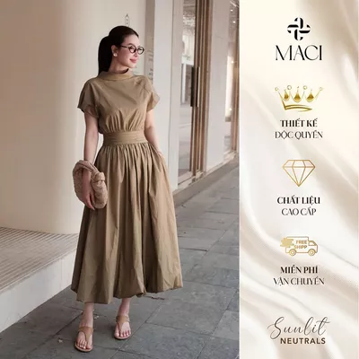 Đầm Bí Chất Thô Hàn Màu Be Nâu Thanh Lịch MACI MCVVAVA0293 Thời Trang Nữ Thiết Kế Độc Quyền