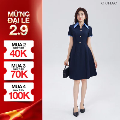 Đầm Dáng A Nữ GUMAC Váy Công Sở Cổ Sơ Mi Phối Sọc Đính Nút Vàng Thanh Lịch DF03005