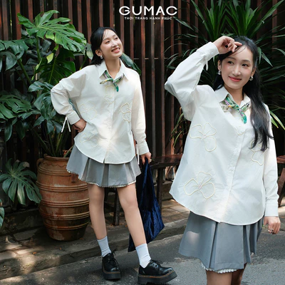 Áo sơ mi form suông rộng Gmorning - GUMAC tay dài có thêu hoa măng set kiểu dây cột nơ YAG01083
