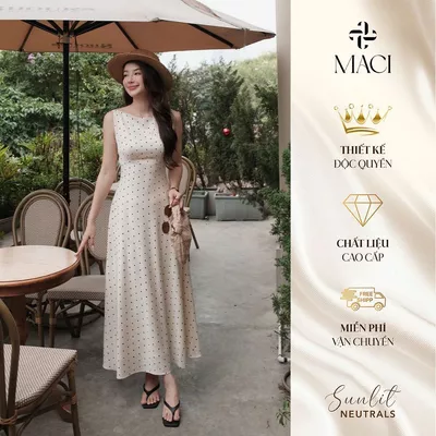 Đầm Lụa Chấm Bi Màu Kem Cổ Thuyền 2 Lớp MACI MCVVATR0307 Thời Trang Nữ Thiết Kế Độc Quyền