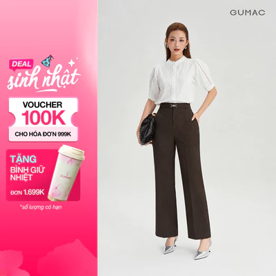 Quần Tây Nữ GUMAC Ống Đứng Phối Dây Thắt Lưng Vải Xược Ý Mềm Nhẹ Thoáng Mát QG07092