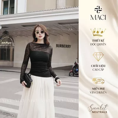Áo Len Tằm Thiết Kế Nhún Eo Lệch Màu Đen MACI MCAATDE0266 Thời Trang Nữ Thiết Kế Độc Quyền