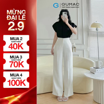 Quần tây nữ GUMAC ống suông màu trắng nút bọc chất liệu cotton silk mềm mịn  QF08032