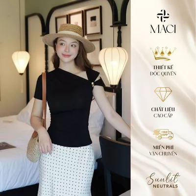 Áo Thun Umi Gai Co Dãn Lệch Vai Khuy Trang Trí MACI MCAATDE0346 Thời Trang Nữ Thiết Kế Độc Quyền