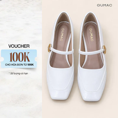 Giày Cao Gót Nữ GUMAC Mũi Vuông Gót Vuông 5cm Da PU Trắng Kem Quai Ngang Thanh Lịch GG07014