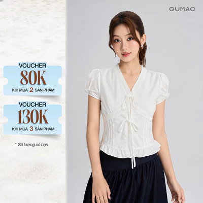 Áo Kiểu Nữ Gmorning - GUMAC Form Ôm Cổ V Nhún Ngực Phối Viền Ren Dịu Dàng Sang Trọng YAG06005