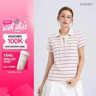 Áo Polo Nữ Gmorning - GUMAC Dây Đan Cách Điệu Cổ Trụ Mắt Cáo Kèm Dây Luồn Tạo Điểm Nhấn Hiện Đại YAPG05052