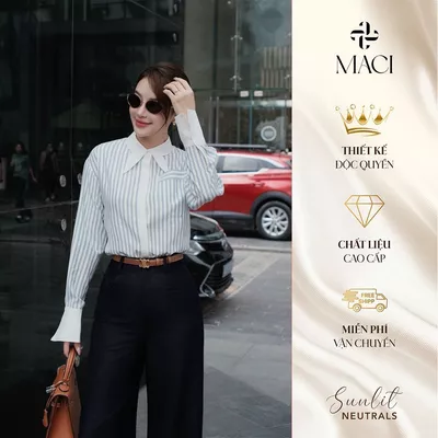 Áo Sơ Mi Kẻ Xanh Nhạt Cổ Nhạn Phối Trắng Thanh Lịch MACI MCASMTR0272 Thời Trang Nữ Thiết Kế Độc Quyền