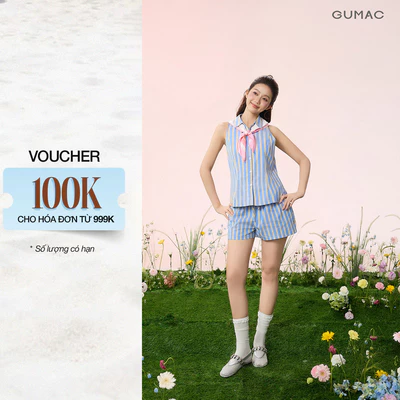 Set Áo Kiểu Nữ Gmorning - GUMAC Cổ Sơ Mi Không Tay Thắt Eo Cách Điệu - Quần short ống rộng lưng thun viền bèo YSG08040