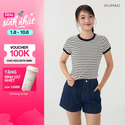 [VOUCHER 25%] Áo Thun Nữ GUMAC Form Suông Vừa Vặn Cổ Tròn Phối Bo Tay Ngắn Chất Vải Co Giãn Thoải Mái ATG07080