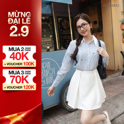 Áo Sơ Mi Nữ GUMAC Áo Kiểu Tay Dài Kẻ Sọc Xanh Cổ Phối Trắng Vải Kate Cao Cấp Trẻ Trung AG01009