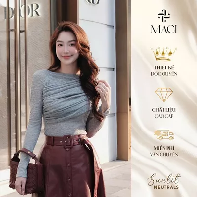 Áo Thun Giấy Màu Ghi Tiêu Cổ Bardot Nhún MACI MCAATGH0234 Thời Trang Nữ Thiết Kế